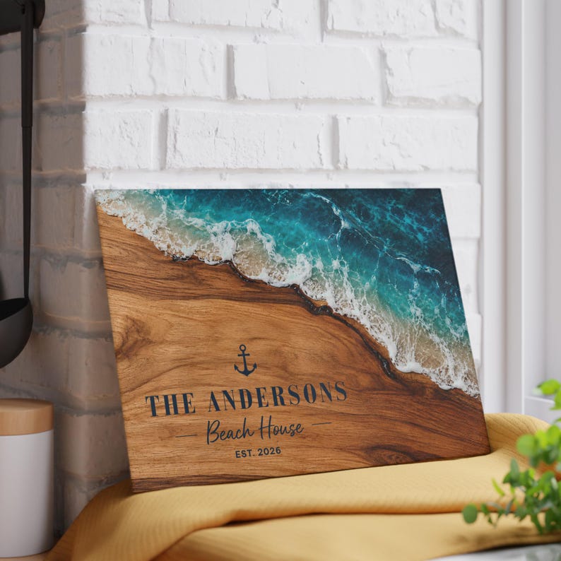 Beach Glass Cutting Board Personalized, Coastal Ocean Resin Wood Look Kitchen Decor, Beach House Gift, Housewarming Serving Board image 9