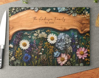 Wildflower Glass Cutting Board Personalized, Resin Wood Look Charcuterie Board, Custom Family Gift, Housewarming Gift