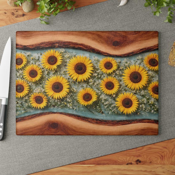 Glass Chopping Board, Sunflower Resin Wood Look Cutting Board, Unique Wedding Housewarming Gift