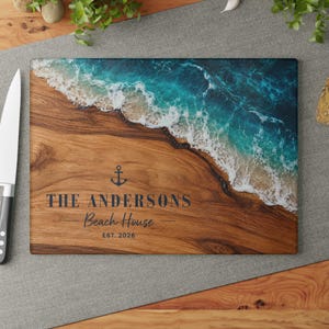 Beach Glass Cutting Board Personalized, Coastal Ocean Resin Wood Look Kitchen Decor, Beach House Gift, Housewarming Serving Board