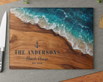 Beach Glass Cutting Board Personalized, Coastal Ocean Resin Wood Look Kitchen Decor, Beach House Gift, Housewarming Serving Board