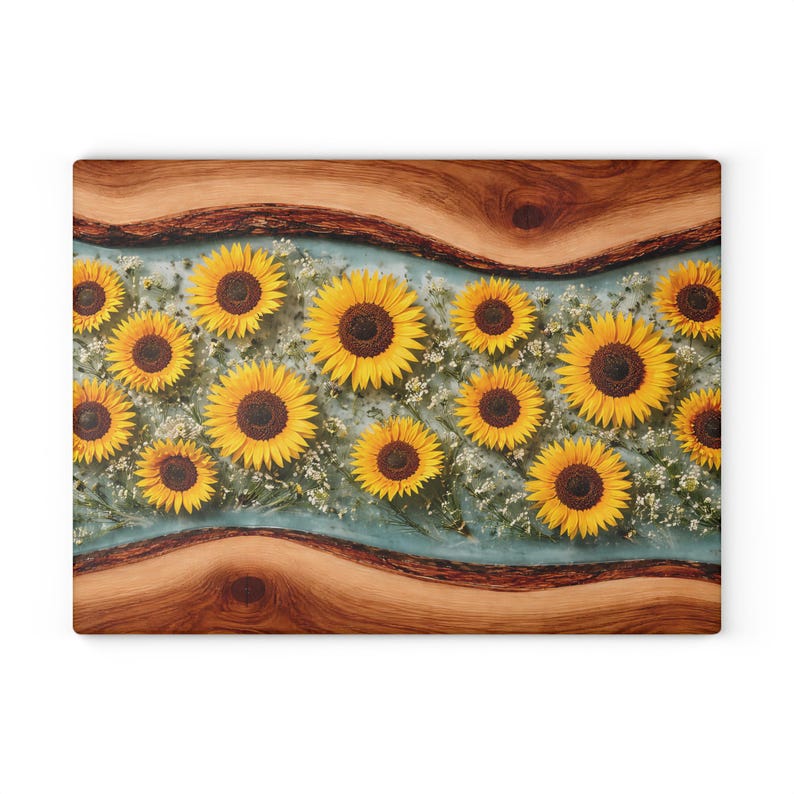 Peut inclure: Une planche &agrave; d&eacute;couper rectangulaire compos&eacute;e de deux tranches de bois naturel &agrave; bord brut en haut et en bas, s&eacute;par&eacute;es par une incrustation centrale en r&eacute;sine bleu clair translucide remplie de tournesols jaunes et de petites fleurs blanches.