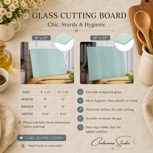 K&ouml;nnte beinhalten: Glasschneidebrett mit dem Text "GLASS CUTTING BOARD" und "Chic, Sturdy & Hygienic". Erh&auml;ltlich in 20,3 cm x 28 cm und 28 cm x 38 cm. Merkmale: langlebiges Hartglas, strukturierte Oberfl&auml;che und rutschfeste F&uuml;&szlig;e.