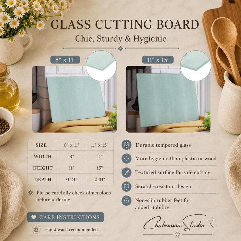 K&ouml;nnte beinhalten: Glasschneidebrett mit dem Text "GLASS CUTTING BOARD" und "Chic, Sturdy & Hygienic". Erh&auml;ltlich in 20,3 cm x 28 cm und 28 cm x 38 cm. Merkmale: langlebiges Hartglas, strukturierte Oberfl&auml;che und rutschfeste F&uuml;&szlig;e.