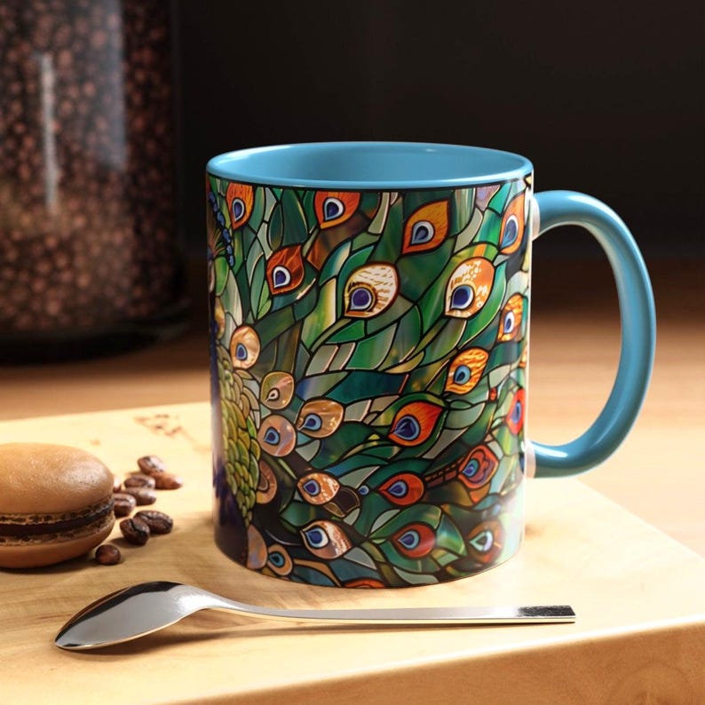 Peacock Mug, Stained Glass Mug, Peacock Decor, Stained Glass Design, Peacock Gifts, Peacock Feather Cup, Peacock Coffee Mug, Bird Lover Gift image 2