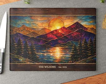Personalized Glass Cutting Board, Stained Glass Mountain Sunset Resin Wood Look Kitchen Decor, Custom Family Name Gift, Housewarming Gift