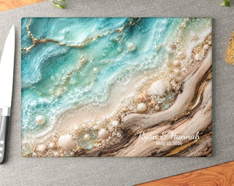 Personalized Ocean Glass Cutting Board, Coastal Charcuterie Serving Board, Beach House Wedding Gift