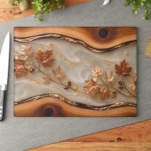 Maple Leaf Glass Cutting Board, Fall Kitchen Decor, Neutral Autumn Charcuterie Board, Farmhouse Thanksgiving Gift