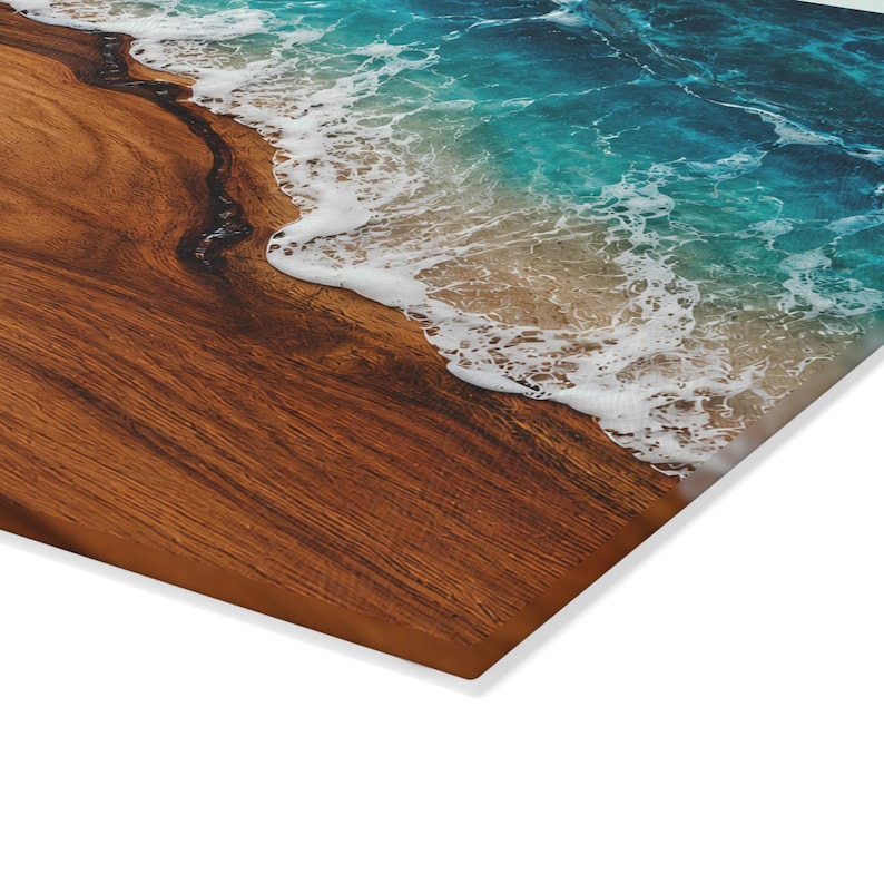 Beach Glass Cutting Board Personalized, Coastal Ocean Resin Wood Look Kitchen Decor, Beach House Gift, Housewarming Serving Board image 6