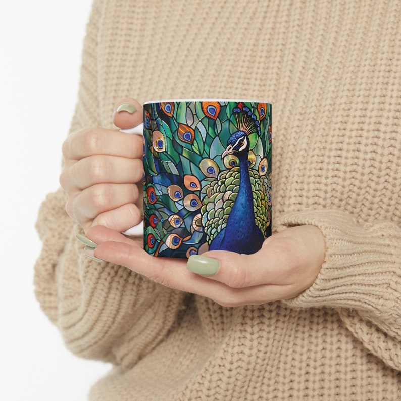 Peacock Mug, Stained Glass Mug, Peacock Decor, Stained Glass Design, Peacock Gifts, Peacock Feather Cup, Peacock Coffee Mug, Bird Lover Gift image 1