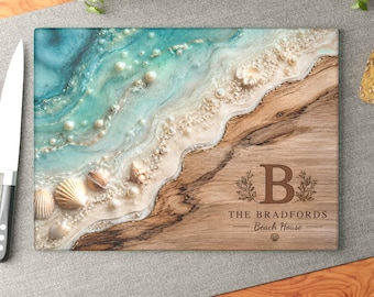 Personalized Beach Ocean Glass Cutting Board, Coastal Charcuterie Serving Board, Housewarming Wedding Gift