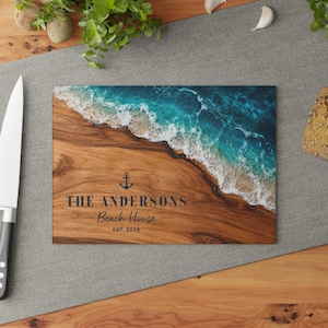 Beach Glass Cutting Board Personalized, Coastal Ocean Resin Wood Look Kitchen Decor, Beach House Gift, Housewarming Serving Board image 8