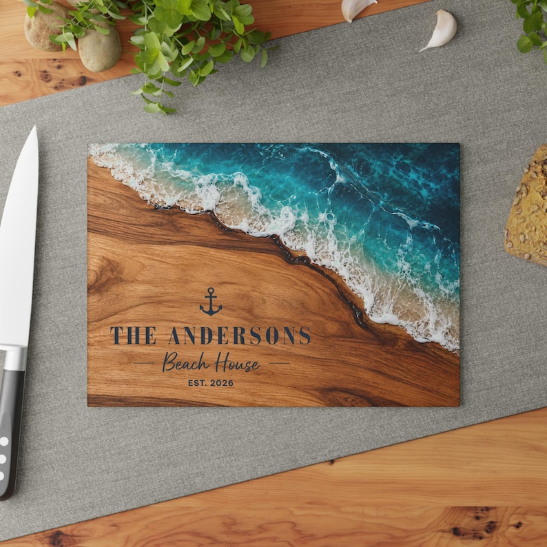 Beach Glass Cutting Board Personalized, Coastal Ocean Resin Wood Look Kitchen Decor, Beach House Gift, Housewarming Serving Board image 8