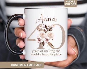 40th Birthday Mug, Custom Floral Coffee Cup, Personalized Gift For 40 Year Old Woman