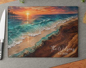 Personalized Sunset Glass Chopping Board, Coastal Beach Kitchen Decor, Ocean Resin Wood Look Cutting Board, Beach House Gift