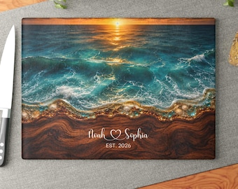 Personalized Ocean Glass Cutting Board, Coastal Couple Gift, Beach House Kitchen Decor, Custom Anniversary Gift, Wedding Gift