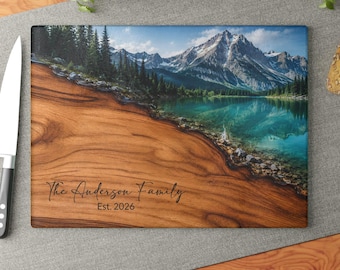 Personalized Mountain Lake Glass Cutting Board, Resin Wood Look Charcuterie Board, Cabin Kitchen, Housewarming Wedding Gift