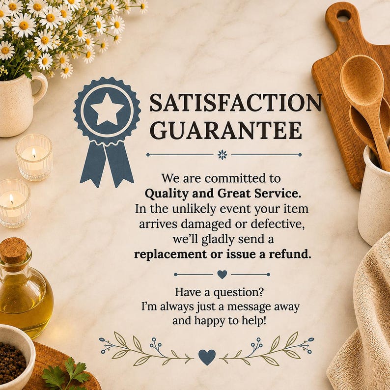 May include: A graphic featuring the text SATISFACTION GUARANTEE, a blue ribbon icon, and a message stating a commitment to quality and service, offering replacements or refunds for damaged items, alongside a prompt to send a message for help.