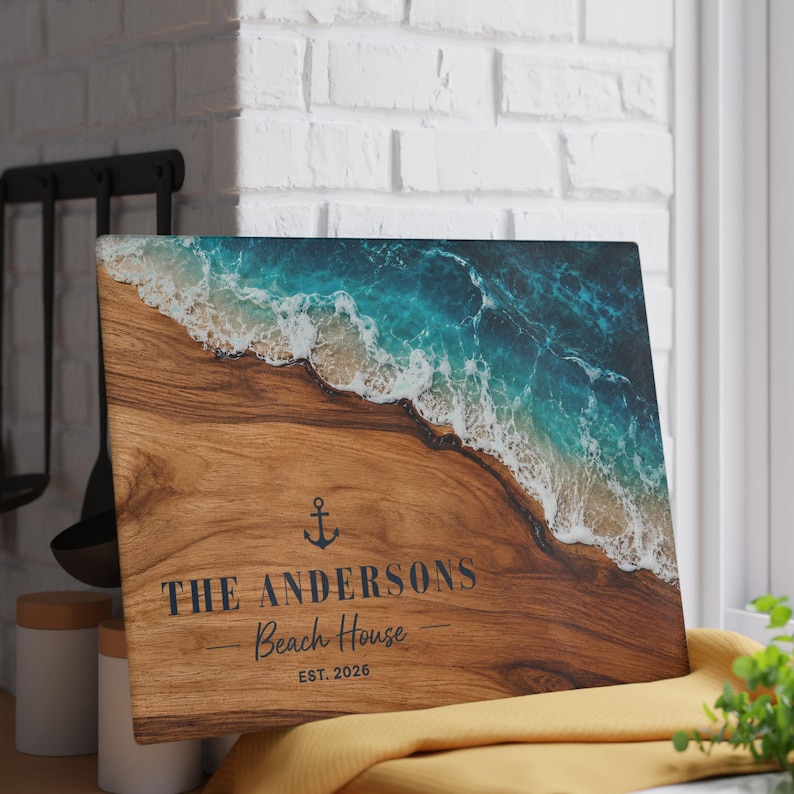 Beach Glass Cutting Board Personalized, Coastal Ocean Resin Wood Look Kitchen Decor, Beach House Gift, Housewarming Serving Board image 2