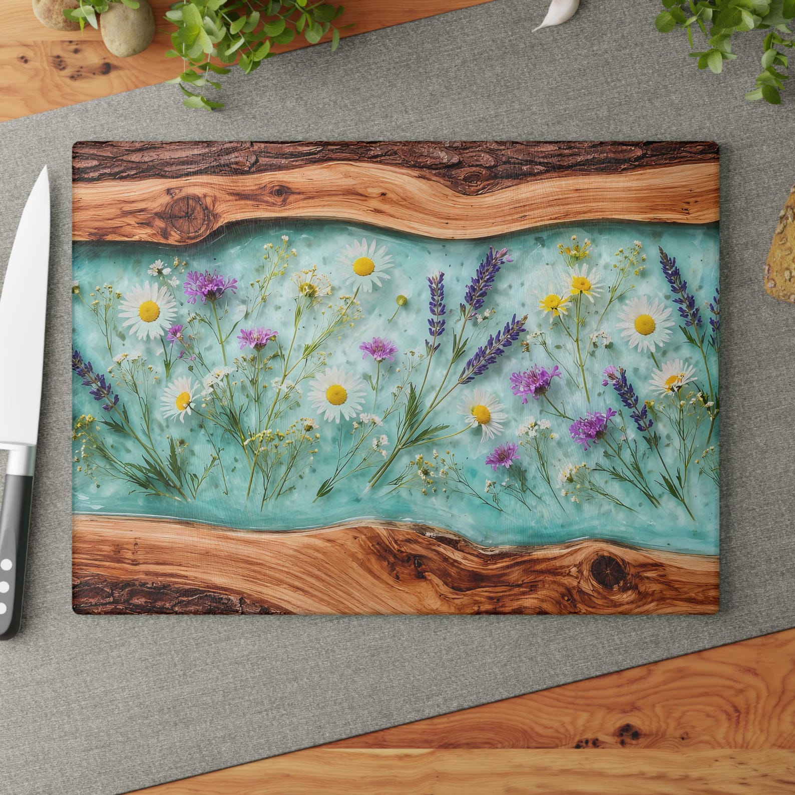 Glass Chopping Board, Wildflower Resin Wood Look Cutting Board, Unique Wedding Bridal Shower Anniversary Gift - 11" x 15"