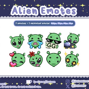 May include: Set of seven green alien emoticons with different expressions, including winking, crying, wearing sunglasses, and holding a spaceship. The text "GG" is visible on one of the emoticons. The text "7 emotes + 1 animated emote! 300px, 112px, 56px, 28px" is also visible.