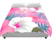 Pink Floral Duvet Cover Soft Cotton Quilt Cover Romantic Hibiscus Blossom Design Shabby Chic Cottagecore Bedding Decor