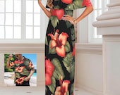 Black Hawaiian Maxi Dress Tropical Floral Polynesian Plus Size Beach Resort Vacation Outfit S-6XL