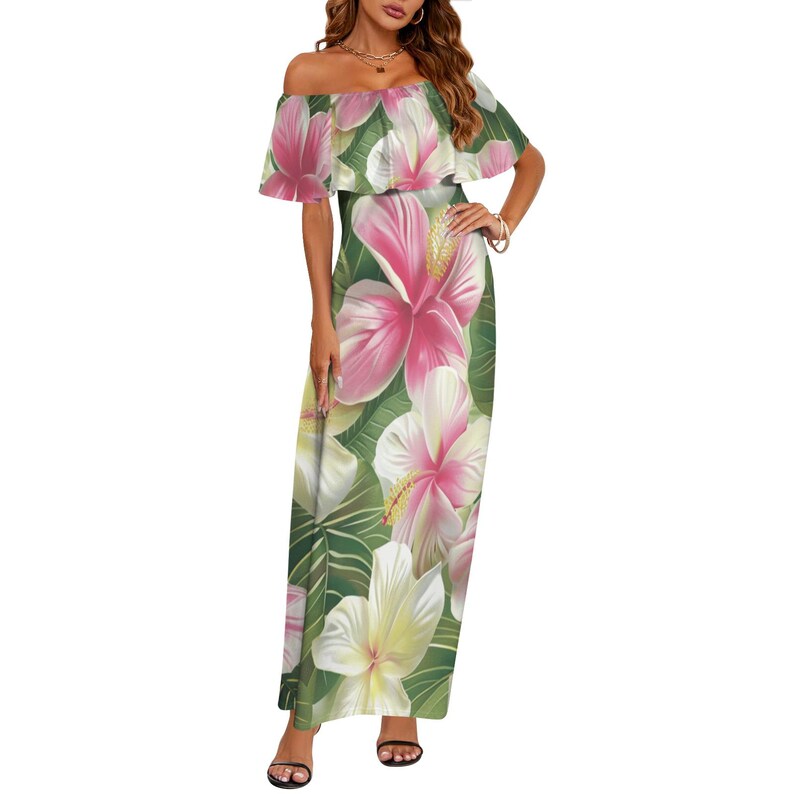 White Tropical Floral Hawaiian Maxi Dress Off‑shoulder Vintage Print ...