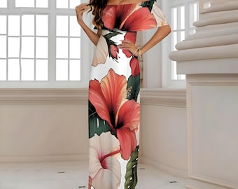 White Vintage Hawaiian Maxi Dress – Floral Polynesian Resort Wear, Luau Party Outfit, Plus Size S‑6X Mother’s Day, Prom Outfit