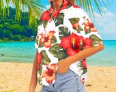 Womens Hawaiian Shirts– Casual Vacation Top, Spring Resort Wear, Tropical Floral Blouse, Lightweight Beach Outfit Plus Sizes