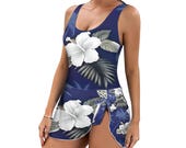 Tropical Floral Skirted Swiming Suit– Modest & Flattering  Hawaiian Beachwear  S-5X Plus Size