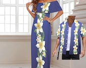 Retro Floral Hawaiian Maxi Dress with Matching Shirt: Polynesian Cruise Vacation Gown (S-6XL)