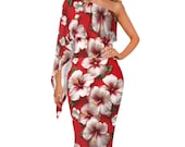 One Shoulder Red Evening Gown: Hawaiian Hibiscus Cocktail Dress (S-6XL)