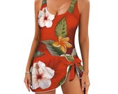 Retro Red Hibiscus Swim Dress: Flattering Skirted One-Piece Swimsuit