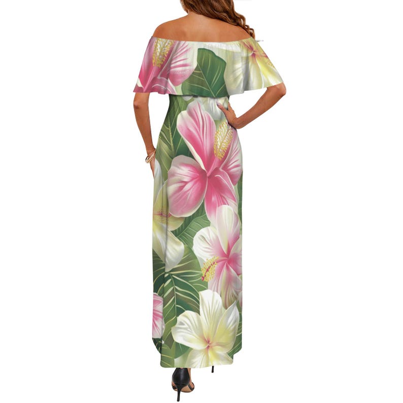 White Tropical Floral Hawaiian Maxi Dress Off‑shoulder Vintage Print ...
