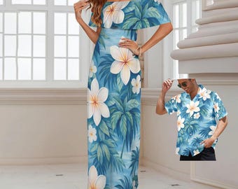 Conjunto hawaiano azul celestial para parejas • Vestido largo Plumeria tallas S-6XL y camisa a juego para hombre, ideal para cruceros, luau y bodas en la playa.