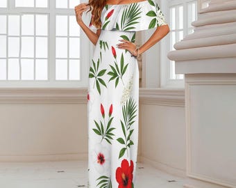 Vestido largo rojo con hombros descubiertos y estampado de hibisco, conjunto tropical floral para crucero de verano estilo luau, tallas grandes S-6XL, ropa para vacaciones en un resort isleño.