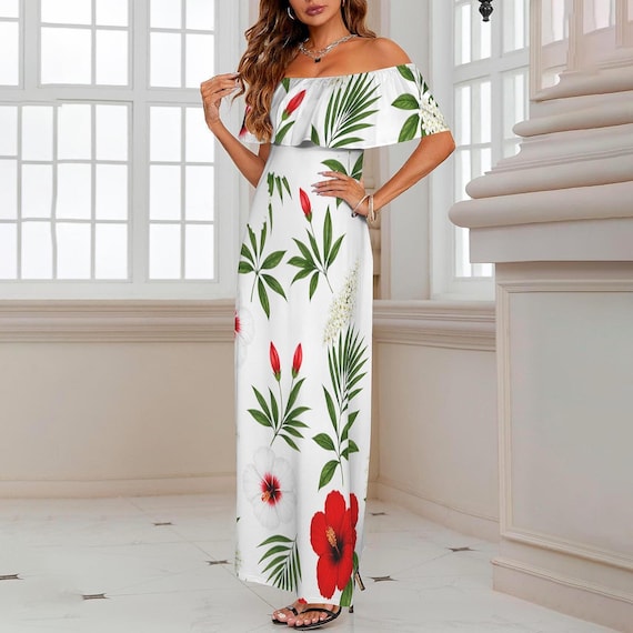 Red Hibiscus Off-Shoulder Maxi Dress - Tropical Floral Summer Luau Cruise Outfit