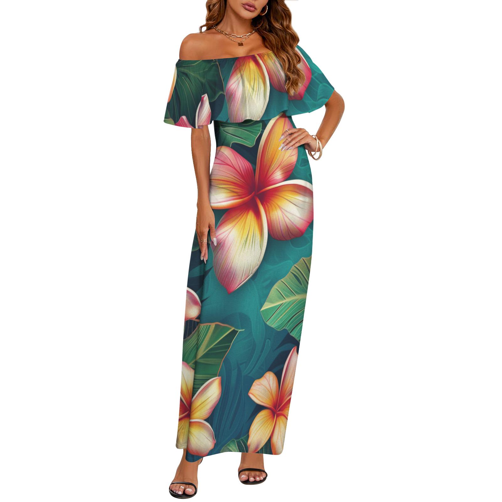 Teal Tropical Floral Retro Hawaiian Maxi Dress – Vintage Polynesian ...