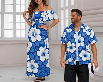 Hawaiianisches Partner-Set in Blau – Schulterfreies Kleid (Größen S–6XL) & passendes Herrenhemd in Weiß (Hibiskus) | Outfit für Kreuzfahrten, Luau-Partys und Strandhochzeiten (Größen S–6XL)