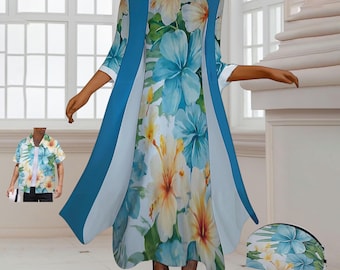 Vestido largo y cárdigan hawaiano azul océano. Conjunto para parejas estilo Aloha. Ropa de resort tropical. Tallas grandes S–5X.