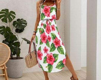 Vestido largo hawaiano blanco con estampado floral de hibisco rosa, tirantes finos, ideal para vacaciones, bodas en la playa y como invitada. Tallas grandes: S-5XL.