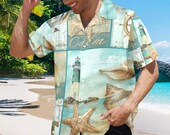 Vibrant Hawaiian Aloha Shirts for Beach Vacations, Luaus, Tropical Parties, Cruise Wear – Sea Print, Lighthouse Design, S to 5XL