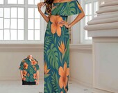 Teal Floral Hawaiian Maxi Dress, Plus Sizes S-6XL, Tropical Vacation, Cruise, Off Shoulder
