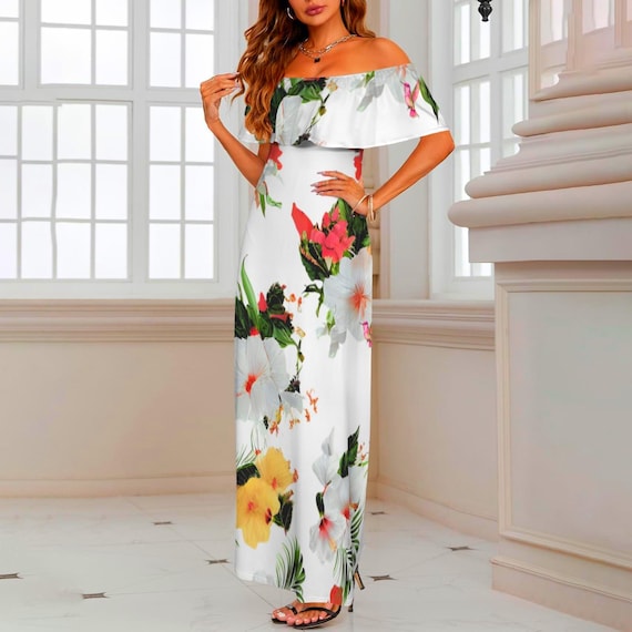 Tropical Hawaiian Prom White Floral Dress for Cruises Vacations