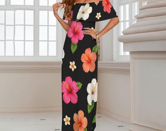 Vestido largo de crucero hawaiano con estampado floral tropical polinesio y hibisco negro diamante, tallas S a 6XL (tallas grandes).