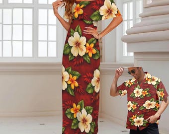 Vestido hawaiano rojo rubí – Estampado tropical de hibisco – Traje formal para luau, crucero, boda de pareja, tallas grandes S-6XL