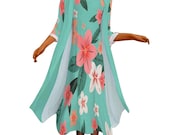 Teal Hawaiian Dress Set: Tropical Print Cardigan & Maxi Dress