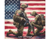 Patriotic Wall Art Lest We Forget – American Flag & Soldiers Tribute Canvas Print, Veteran Home Decor, Memorial Wall Decor