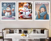 Snowman Wall Art Prints: Retro Christmas Decor, Set of 3